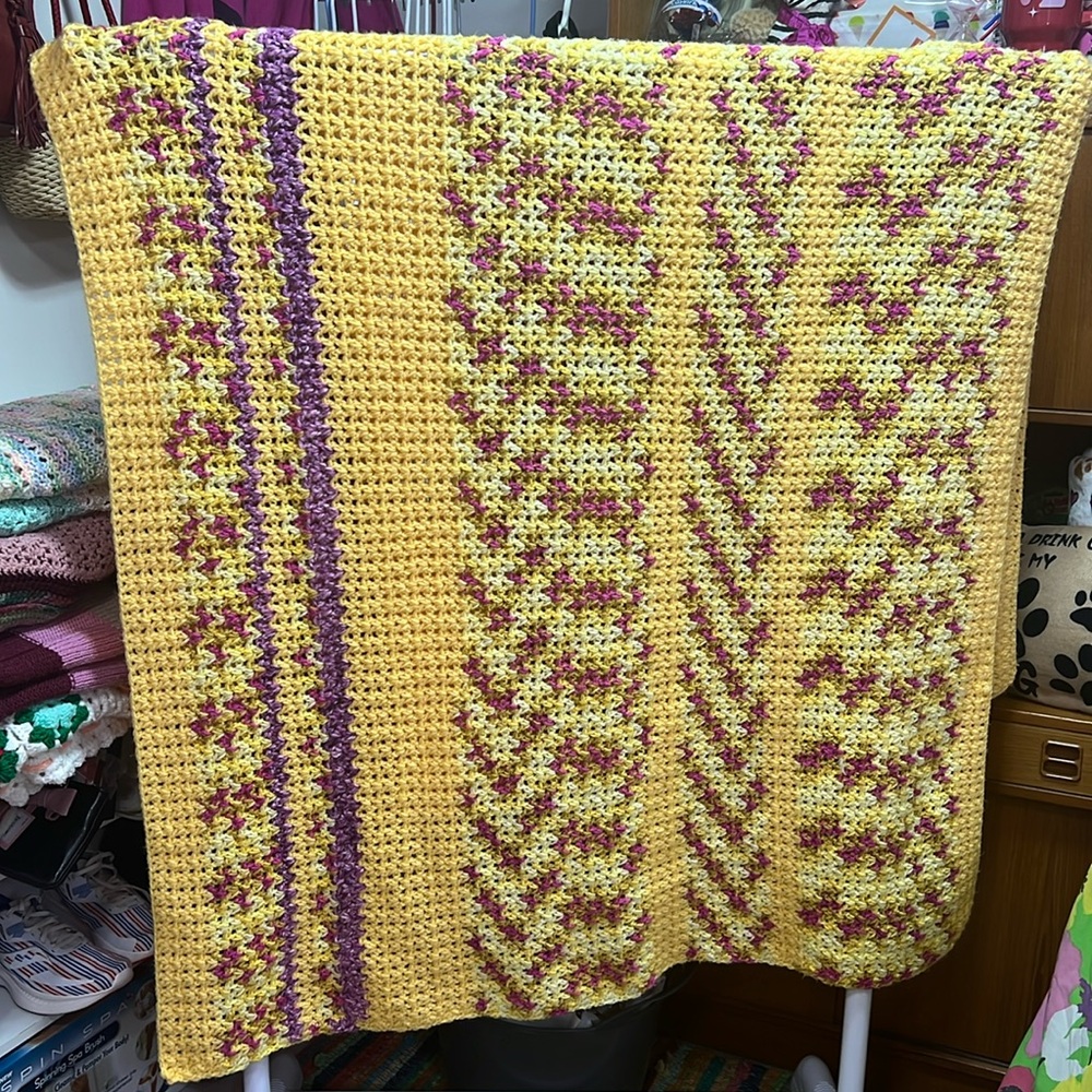 82” x 45” Hand Knit Throw Blanket Soft Yellow Purple